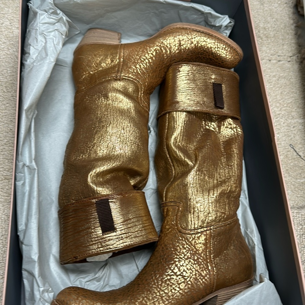 Miu Miu gold leather distressed cow boy boot